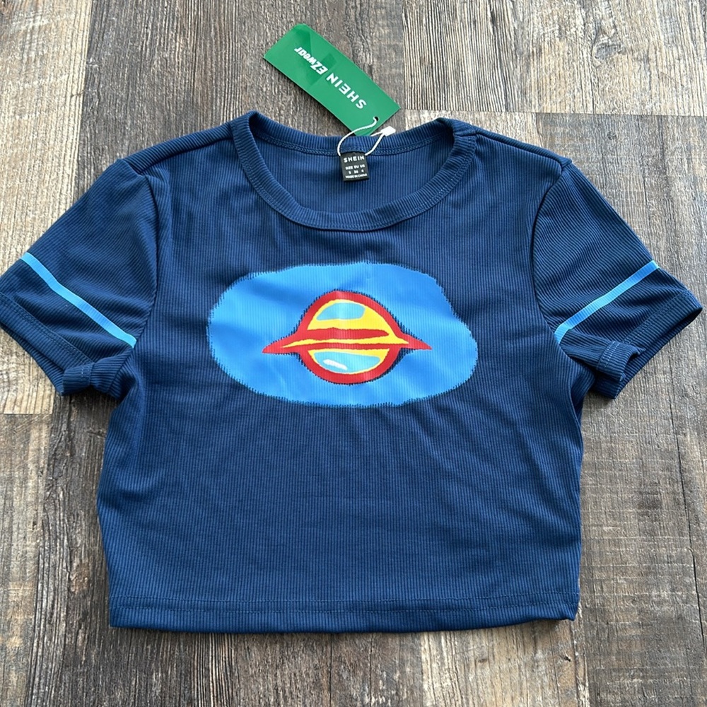 Shein Blue Planet Space Crop Top Short Sleeve Shirt Women’s Size Small